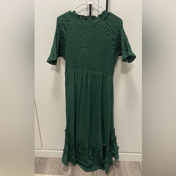 Polagram Smocked Ruffle Forest Green Midi Dress - Picture 3 of 5